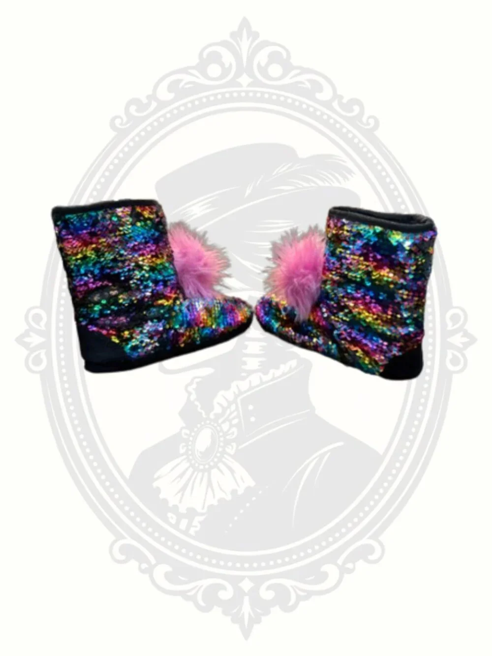 Justice Rainbow Sequin Slipper Boots Girls Size 2/3 Pink Pom Poms Cozy Indoor